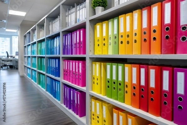 Obraz Office binders displaying colorful documents on archive shelves