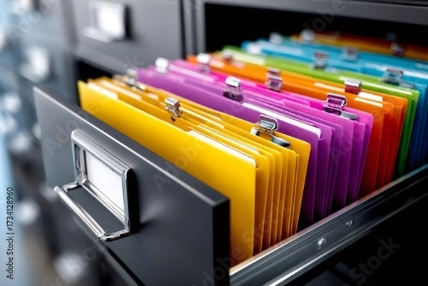 Obraz Filing cabinet drawer opening with colorful files