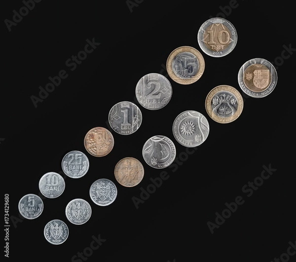 Fototapeta Diagonal arrangement of Moldovan coins from both sides on a black background, featuring denominations of 5, 10, 25, 50 bani and 1, 2, 5, 10 lei, highlighting varied designs and metallic finishes