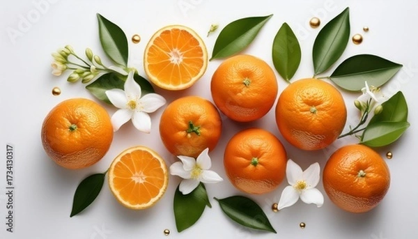 Fototapeta Fresh Tangerines And Citrus Blossoms On A White Background With Green Leaves And Gold Accents
