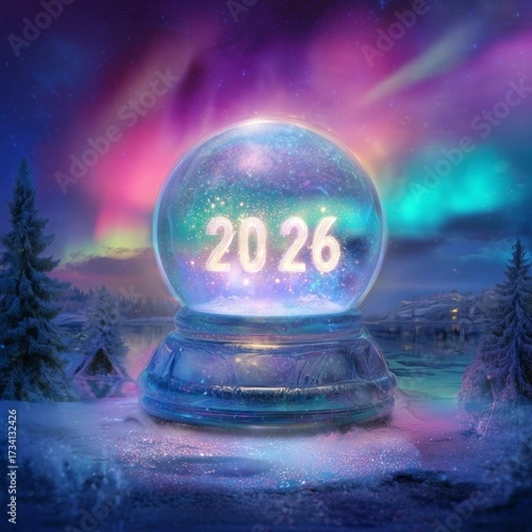 Fototapeta Magical Snow Globe with Glowing 2026 and Northern Lights
