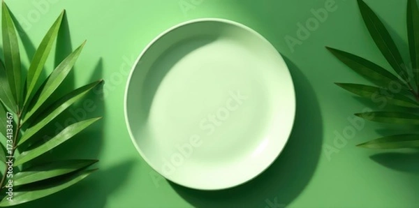 Fototapeta Empty plate, palm leaves, olive green background Minimalist, tropical, summer vibe , nature, empty