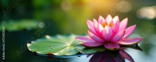Fototapeta Floating lily pad, solitary elegant bloom, sunlit , lake, isolated