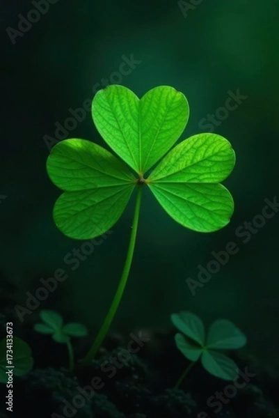 Fototapeta Glowing four-leaf clover, dark backdrop Mystical, lucky charm , vibrant, clover