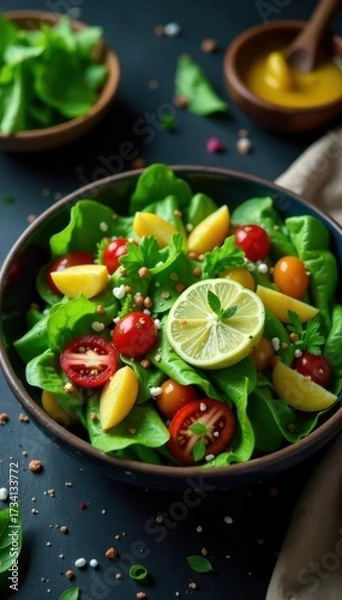 Fototapeta Green detox salad with vibrant dressing, dark rustic table, healthy, still life