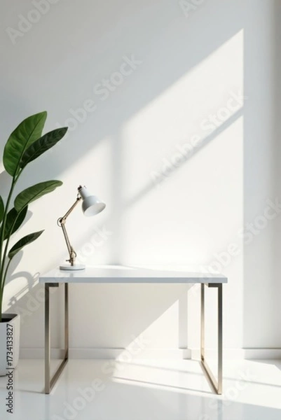 Fototapeta Immaculately white table, thin metal frame, stark white backdrop , surface, design