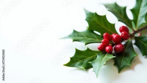 Fototapeta Isolated holly branch with berries, elegant Xmas arrangement, white tabletop, winter, isolated
