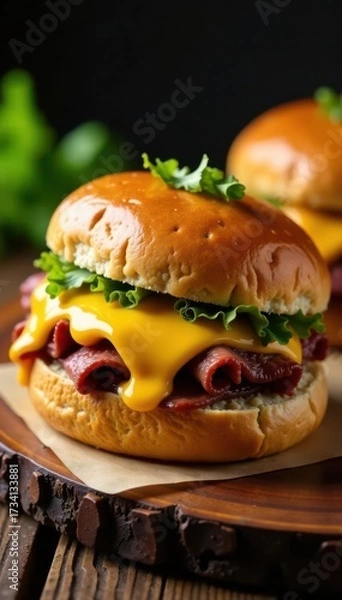 Fototapeta Juicy roast beef sandwich, overflowing with cheese, sits on rustic wooden table , appetizing, vegetables, food