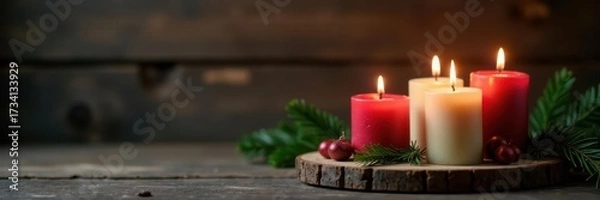 Fototapeta Lit advent candles in glass bottles; wooden board, fir, rustic backdrop, Christmas, holiday, tradition, bottles