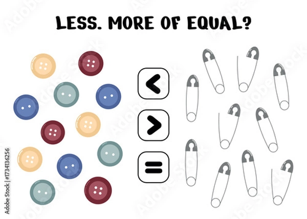Fototapeta Math worksheet for kids featuring buttons and safety pins comparing quantities with less more and equal symbols