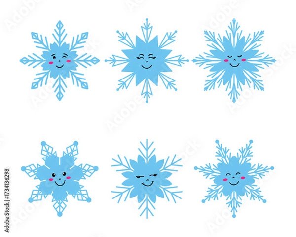 Fototapeta Set of snowflakes with cute smiling faces and different expressions for winter and Christmas design