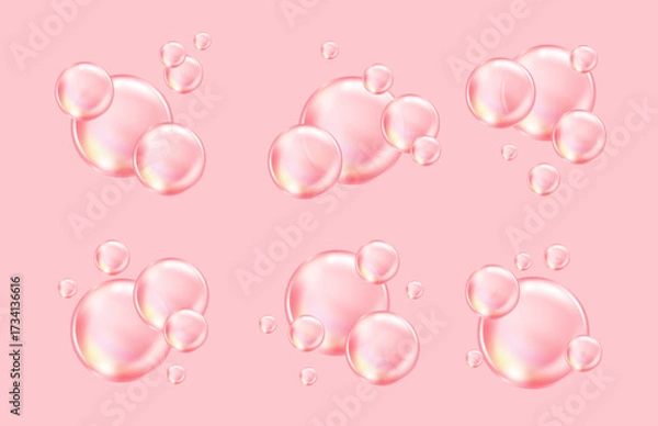 Fototapeta Set of floating pink bubbles on a light background.