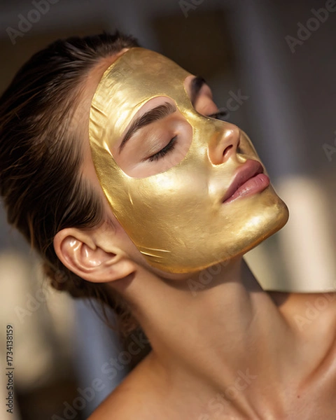 Fototapeta A gold hydrogel mask is placed on a woman's face, perfectly following her facial features