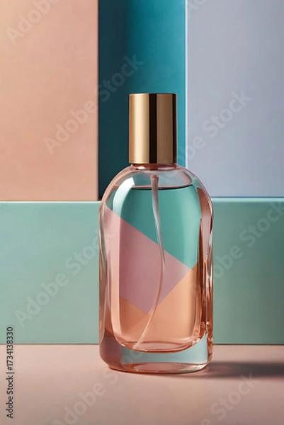 Obraz Modern abstract mockup for cosmetic product presentation. In the foreground is a glass bottle