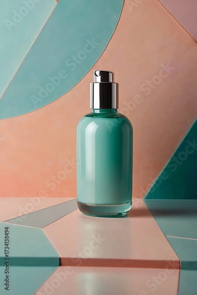 Obraz Modern abstract mockup for cosmetic product presentation. In the foreground is a glass bottle