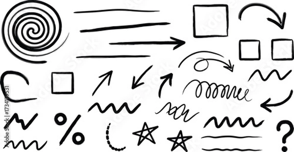 Obraz Hand-drawn doodle elements with arrows, lines, stars, squares, spiral, symbols, sketch icons for creative design and presentation use