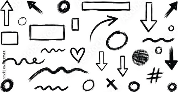 Fototapeta Hand Drawn Arrows, Shapes, Hashtags, Hearts, Crosses, Squiggles, Circles for Creative Design, Annotation, Presentation, Visual Communication