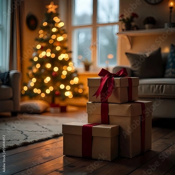 Fototapeta An array of elegant Christmas gift boxes wrapped in red paper,