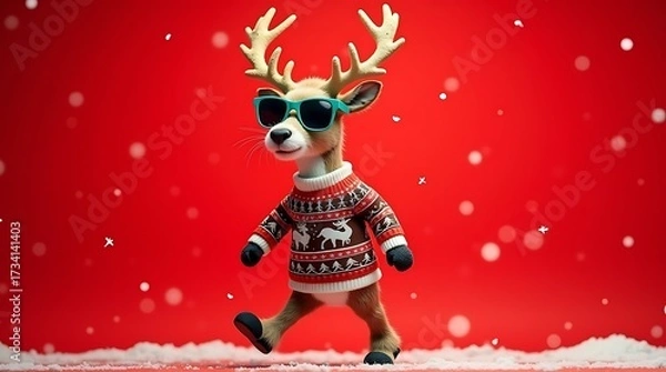 Fototapeta Funny Reindeer in Sunglasses and Christmas Sweater on Red Background with Falling Snow