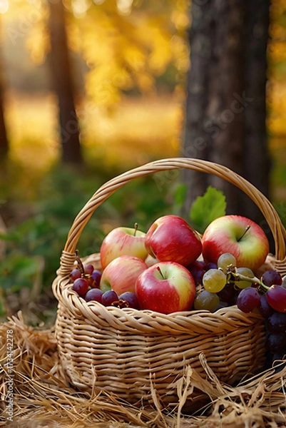 Fototapeta A wicker basket filled with fresh red apples and juicy dark grapes stands on soft hay