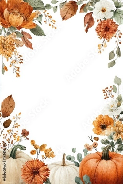 Fototapeta Autumn Pumpkin Floral Frame. Charming Border with Watercolor Leaves, Flowers, and Pumpkins, Perfect for Seasonal Invitations