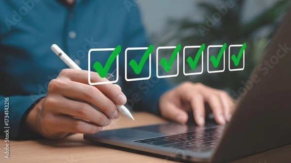 Fototapeta Digital checklist concept, Survey form, online quality assessment, and filling out digital form checklist. Businessman makes mark on the survey topic.