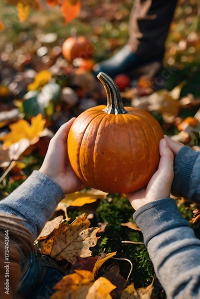 Obraz Children's hands carefully hold a small bright orange pumpkin, as if they had found a treasure