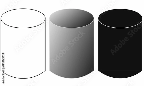 Fototapeta Set of circular cylinder vector icon, 3D shape outline, gradient, and silhouette, useful for math, geometry, design, infographic, and education illustrations
