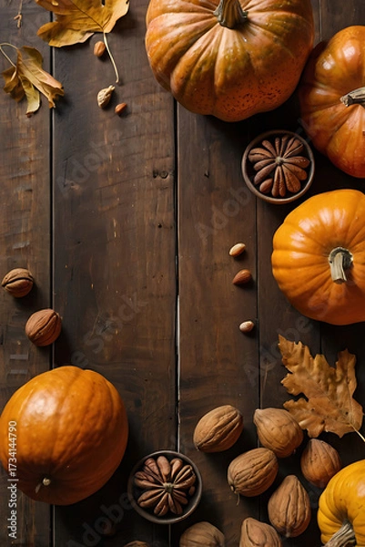 Obraz Cozy autumn composition on a wooden table with gifts of nature: colorful pumpkins, apples, pears