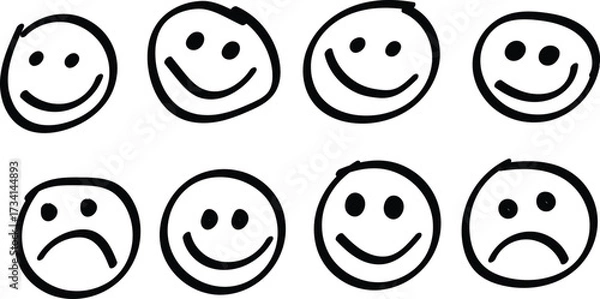 Fototapeta Hand-drawn smiley face icons are a playful doodle set of happy and sad expressions in simple black sketch style
