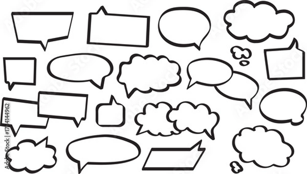 Fototapeta Hand-drawn speech and thought bubbles playful doodle set of sketchy black outline comic elements