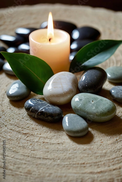 Fototapeta On the surface are smooth gray pebbles of various sizes, slender white candles and a glass jar with a gentle care cream