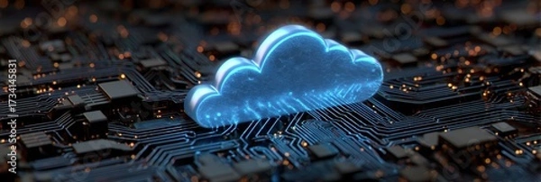 Fototapeta Innovative Cloud Computing Header: Electronic Data Storage with Circuitry and Binary Connections