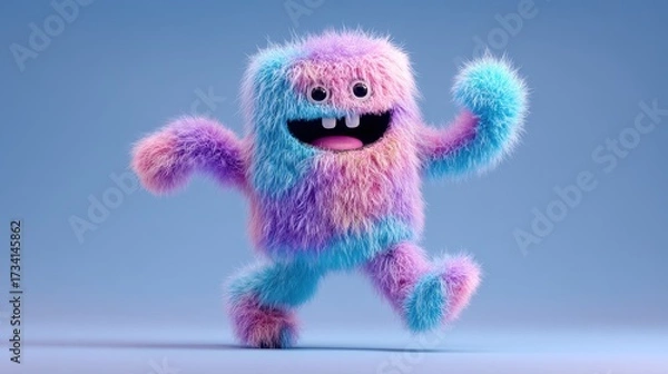 Fototapeta Whimsical Hairy Creature: Colorful Furry Character Dancing with Joy in a Playful Design