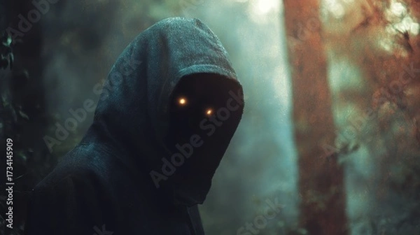 Fototapeta Enigmatic Figure with Luminous Eyes in Shadowy Forest - Moody and Mysterious Atmosphere