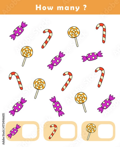Fototapeta How many counting game with cute candy illustration. Counting educational children game. Math kids activity sheet.