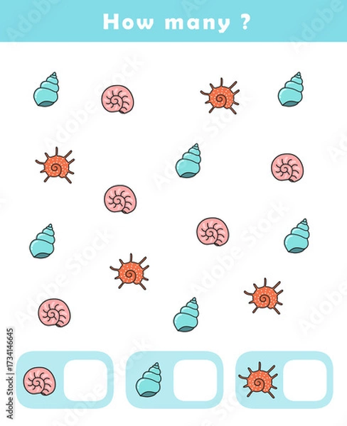 Fototapeta How many counting game with cute seashells illustration. Counting educational children game. Math kids activity sheet.