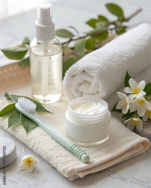 Obraz Gentle beauty routine "morning" in flat lay style: white toothbrush, bottle of facial tonic, jar of day cream