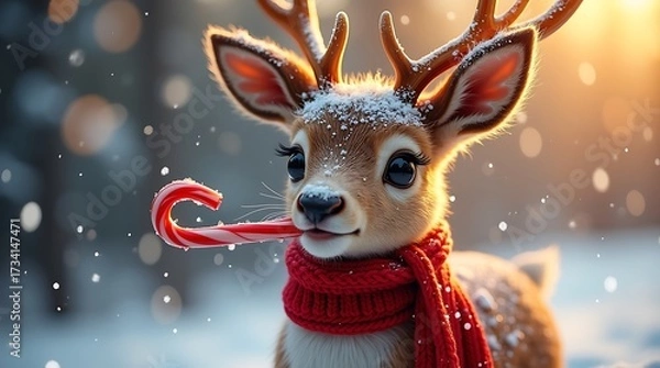 Fototapeta Cute Reindeer with Red Scarf Holding Candy Cane – Snowy Background with Golden Bokeh