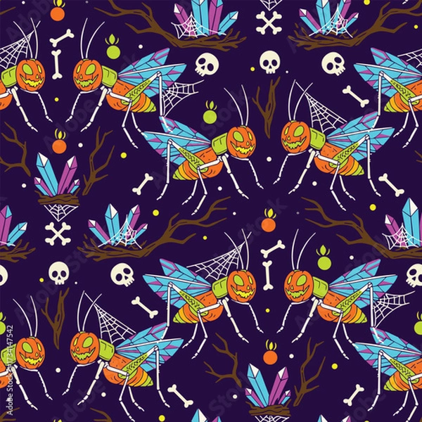 Fototapeta Seamless Halloween pattern with alien grasshoppers pumpkins crystal nests and glowing insects vector