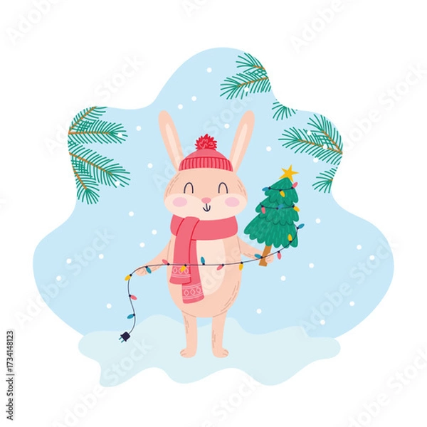 Fototapeta Cute hare in a cap with a Christmas tree and garland of lights. Holiday forest animal character in winter. Vector illustration for children