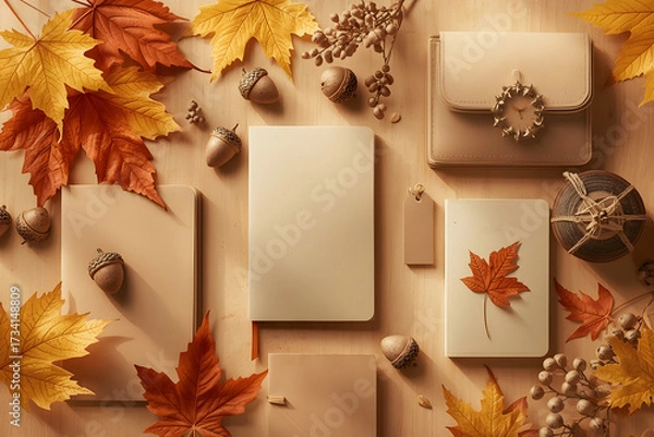 Fototapeta Stylized Flatlay of Autumn-Themed Stationery Featuring Leaves, Warm Colors, and Seasonal Decorative Supplies for Creative Design Projects