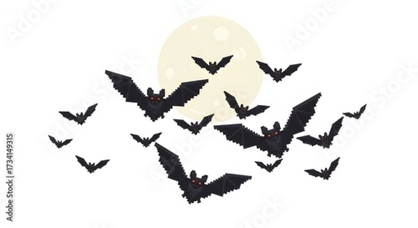 Fototapeta Pixel Art Swarm of Bats Flying Across Moon in Retro 8-Bit Style