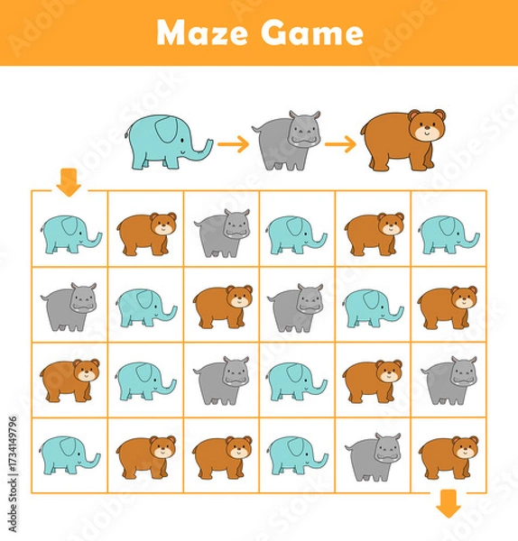 Fototapeta Maze puzzle game for children with cute animals. Logic Labyrinth with Code Navigation. Kids labyrinth puzzle. Maze activity sheet for kids.	
