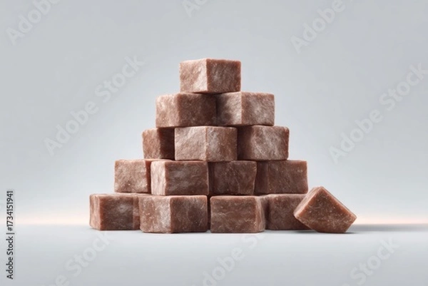 Fototapeta Stacked brown stone cubes forming a pyramid with one block falling, representing instability and risk