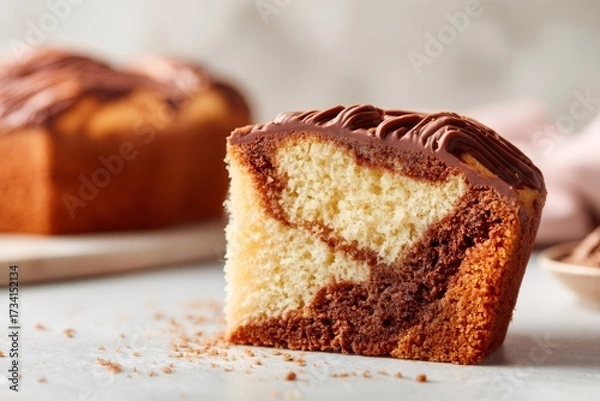 Fototapeta Marble loaf cake slice on a textured surface, showcasing swirled vanilla and chocolate sponge with chocolate frosting