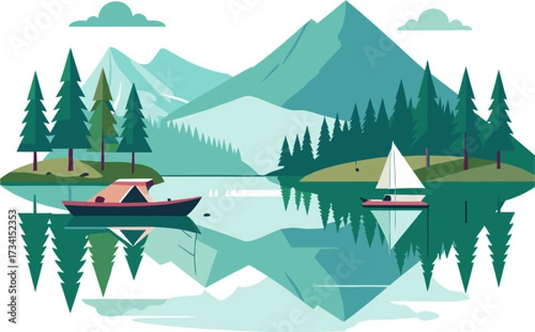 Fototapeta Beautiful mountain lake landscape illustration with pine trees forest reflection sailing boat and canoe nature scenery vector art for travel tourism adventure and peaceful design
