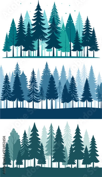 Fototapeta Minimalist pine forest silhouette landscape illustration with evergreen trees in blue and green gradient vector art for nature wallpaper poster textile and modern decorative design