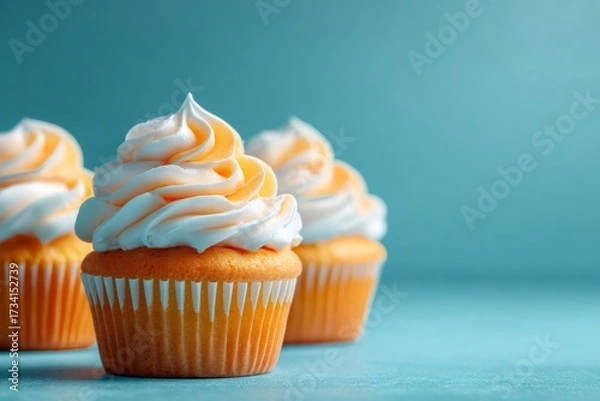 Fototapeta Vanilla cupcakes topped with creamy frosting, symbolizing indulgence, celebration, and bakery delights