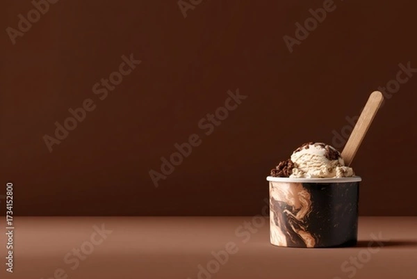 Fototapeta Creamy vanilla ice cream with cookie crumbs and wooden spoon in a marbled cup against a brown background